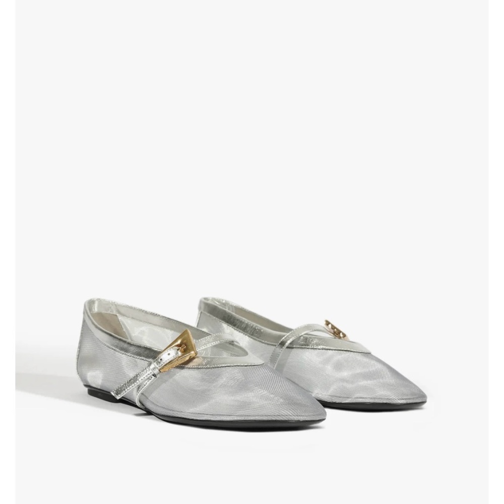 Silver Metallic Flats with Strap and Rounded Toe